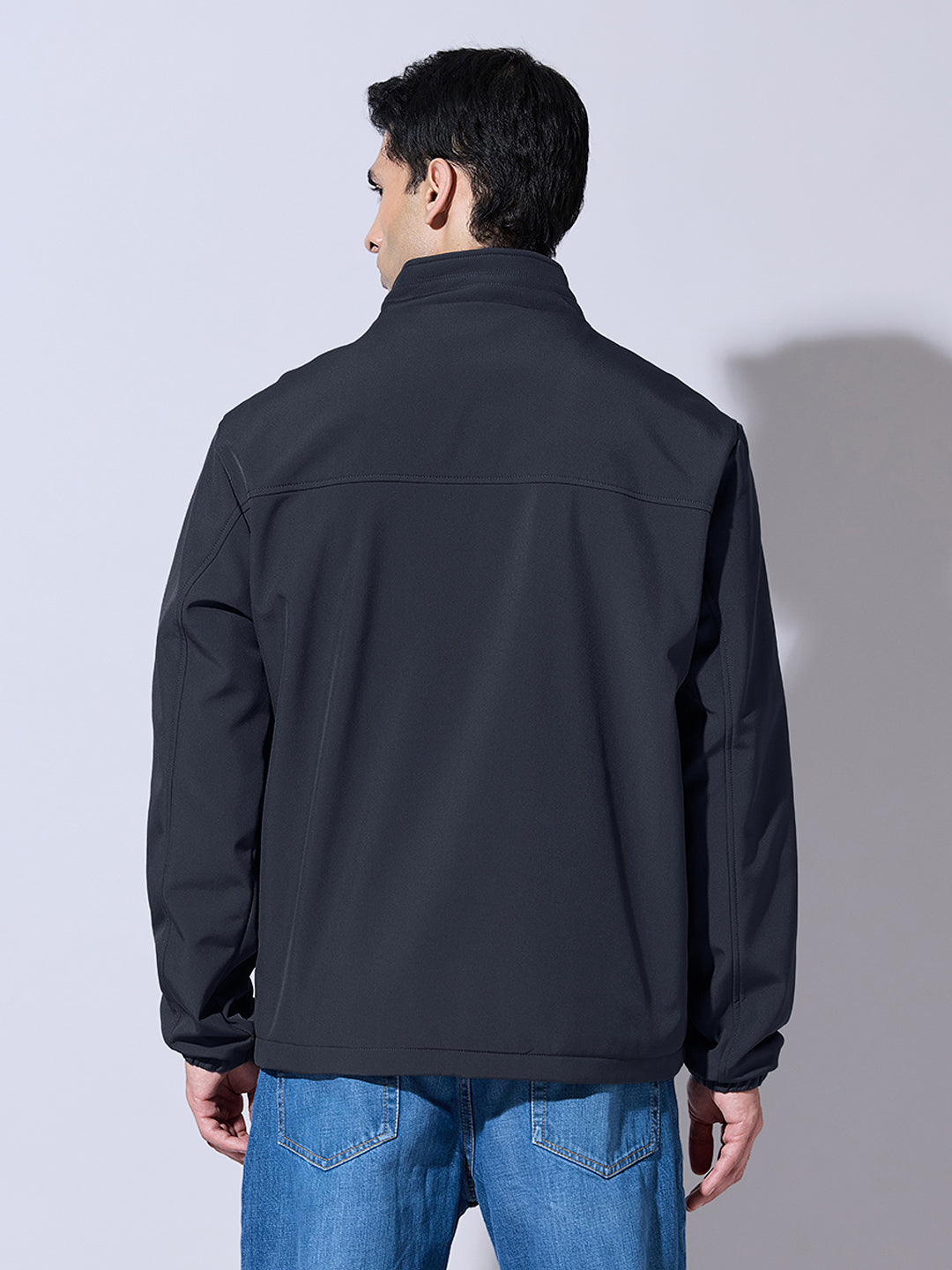 Men's Navy Blue Zip-Up Jacket with Stand Collar