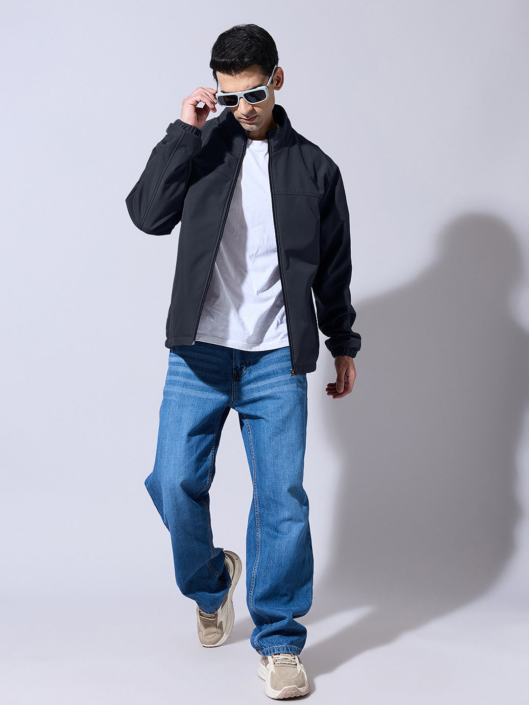 Men's Navy Blue Zip-Up Jacket with Stand Collar