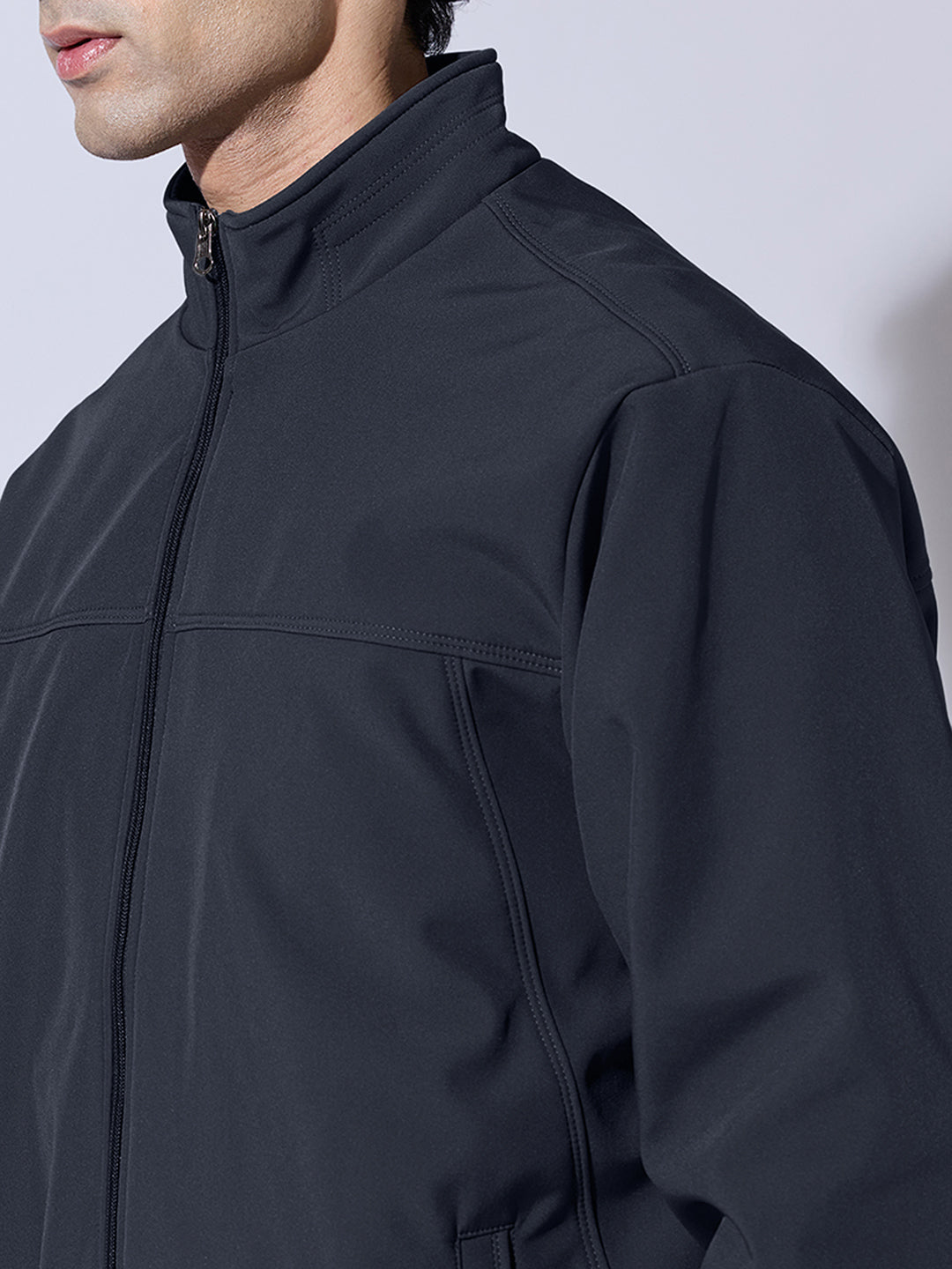 Men's Navy Blue Zip-Up Jacket with Stand Collar