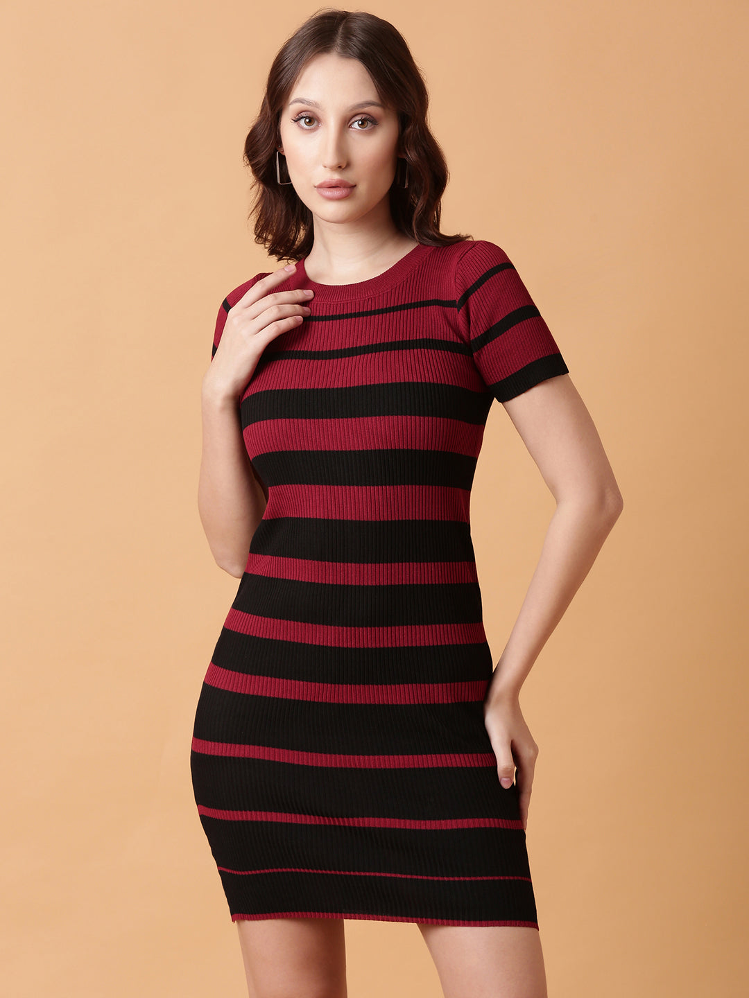 Women Maroon Striped Bodycon Dress