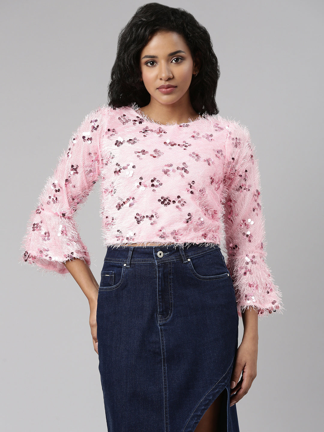 Women Pink Embellished Regular Crop Top