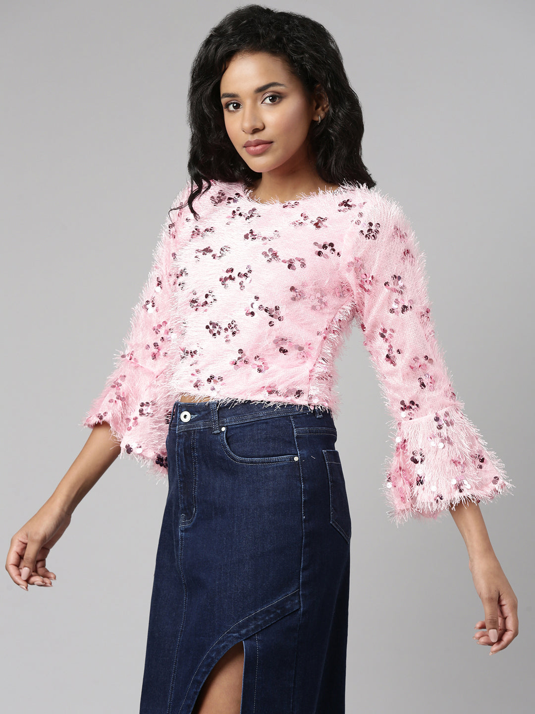 Women Pink Embellished Regular Crop Top