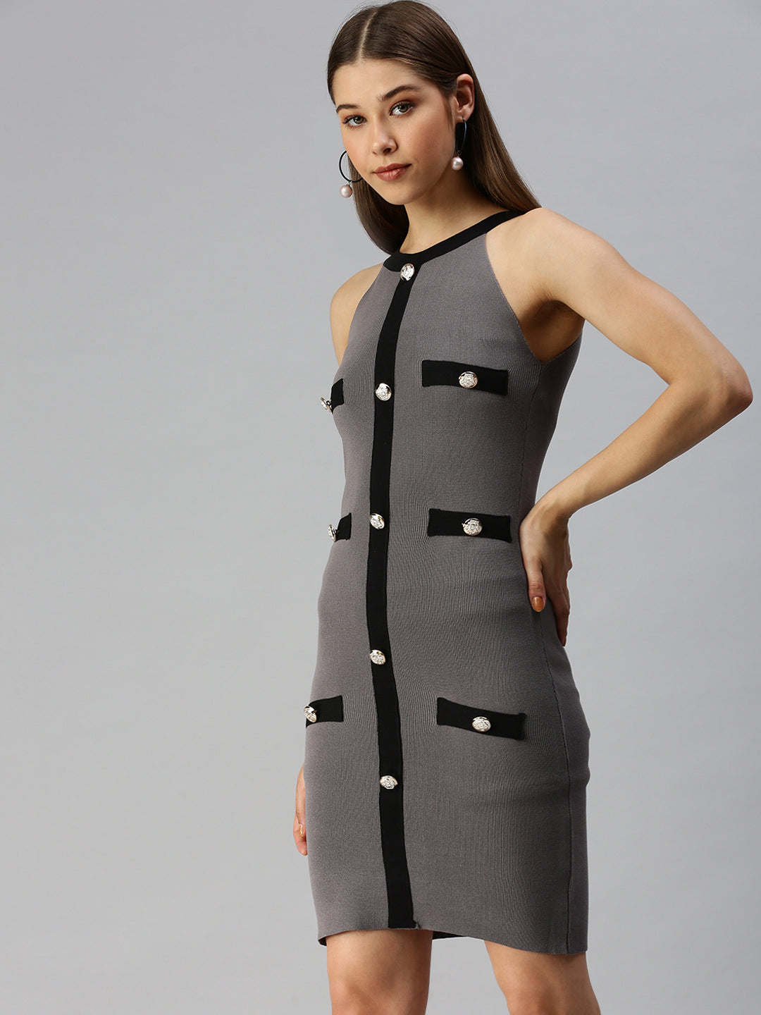 Women Shoulder Straps Solid Bodycon Grey Dress