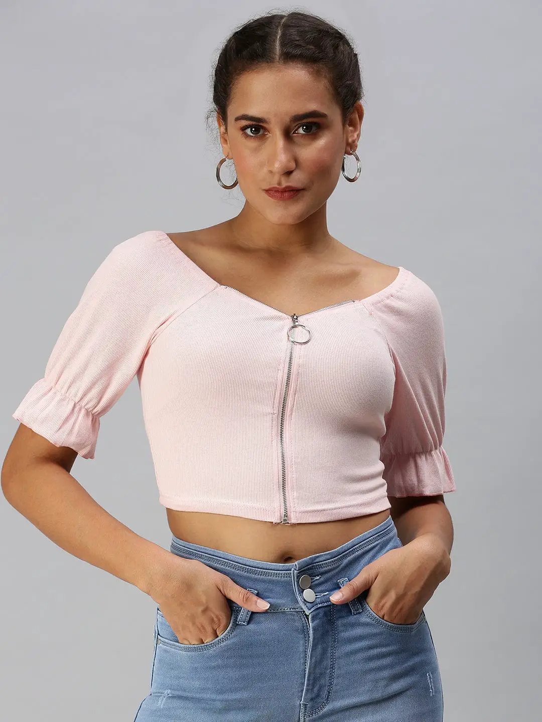 Women's Sweetheart Neck Solid Pink Fitted Top