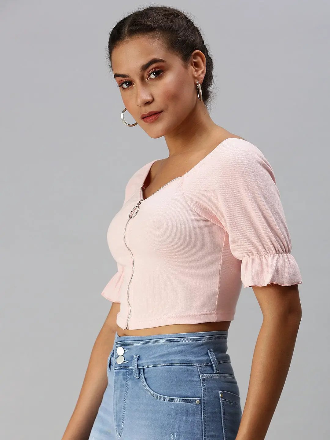 Women's Sweetheart Neck Solid Pink Fitted Top