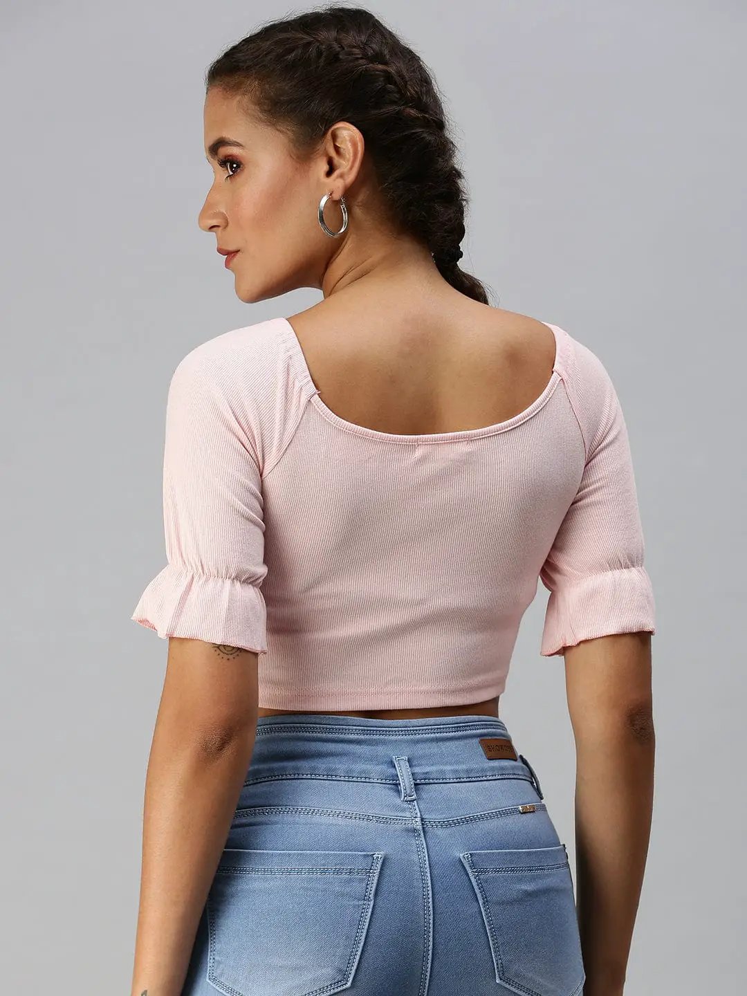 Women's Sweetheart Neck Solid Pink Fitted Top