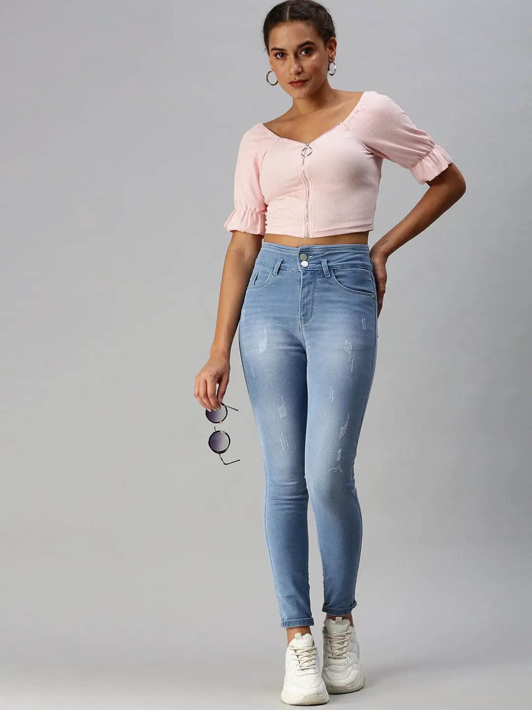 Women's Sweetheart Neck Solid Pink Fitted Top