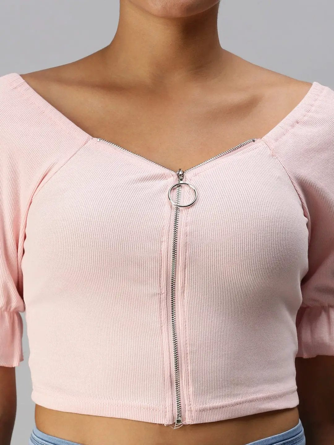Women's Sweetheart Neck Solid Pink Fitted Top