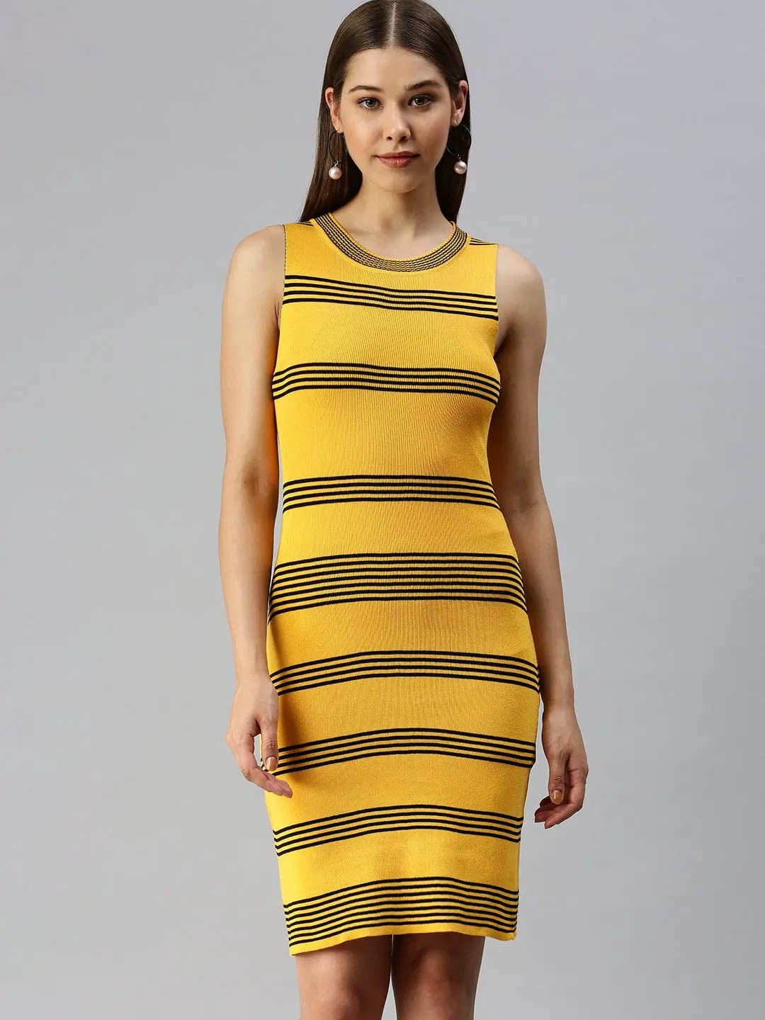 yellow striped bodycon dress PrettyLittleThing Women's Plus Striped Button Detail Flippy Hem Bodycon Dress in Yellow