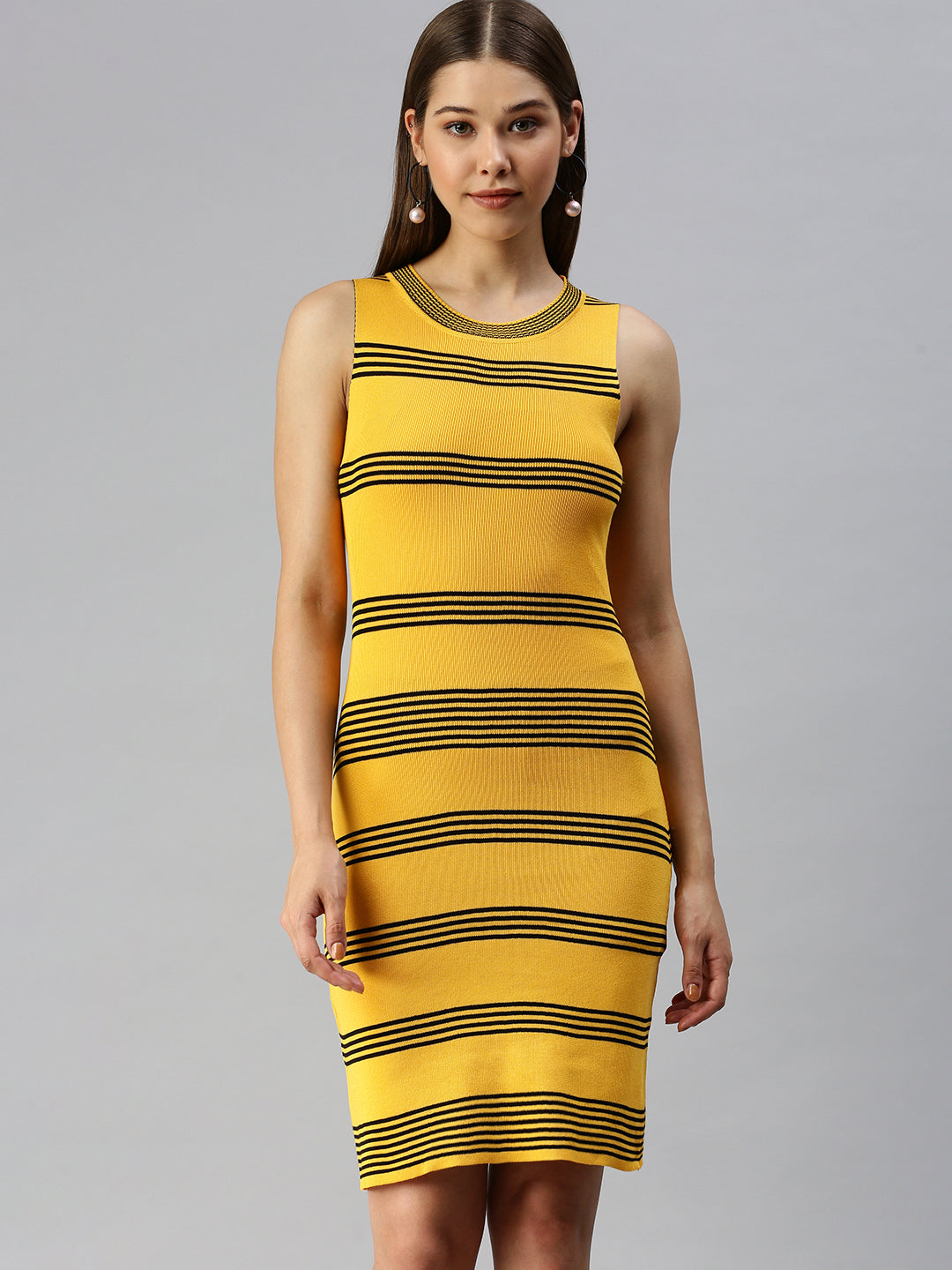 Women Striped Bodycon Yellow Dress