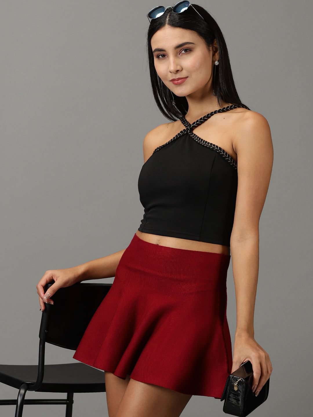 Women Halter Neck Solid Black Top