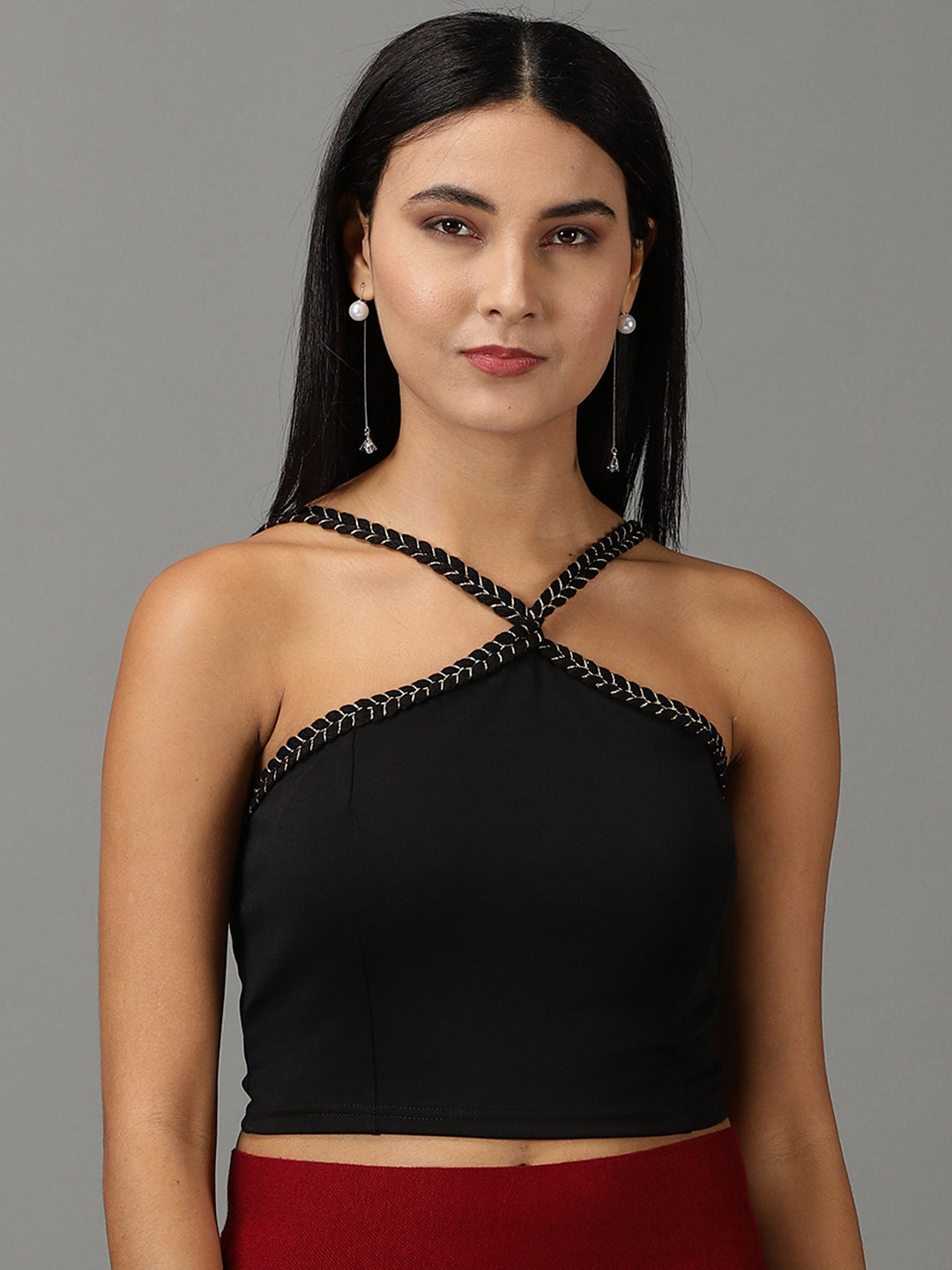 Women Halter Neck Solid Black Top