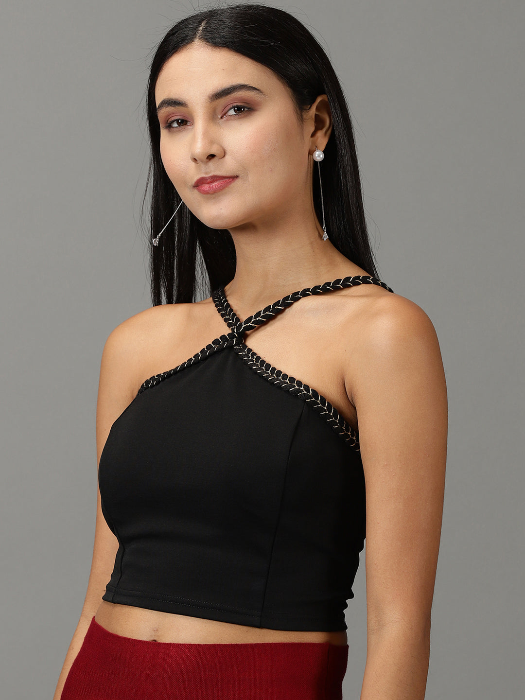 Women Halter Neck Solid Black Top