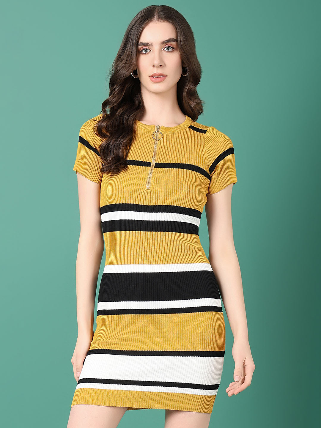 Women Mustard Striped Bodycon Dress