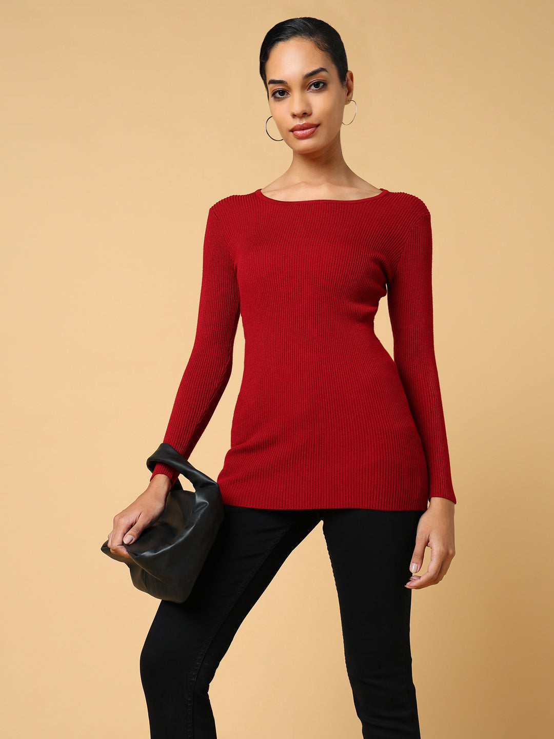 Women Solid Maroon Fitted Top