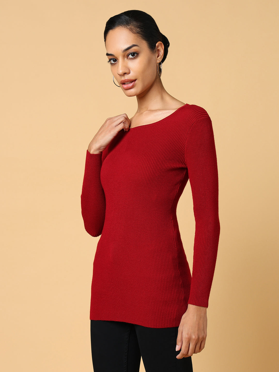 Women Solid Maroon Fitted Top