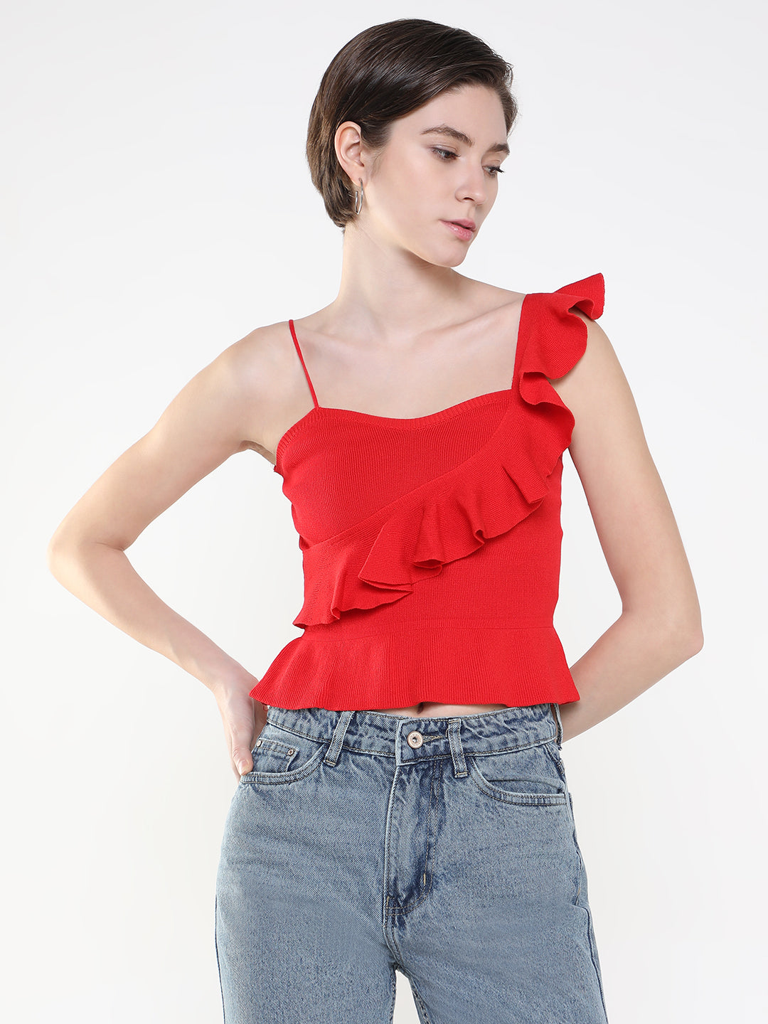 Women Solid Red Fitted Top