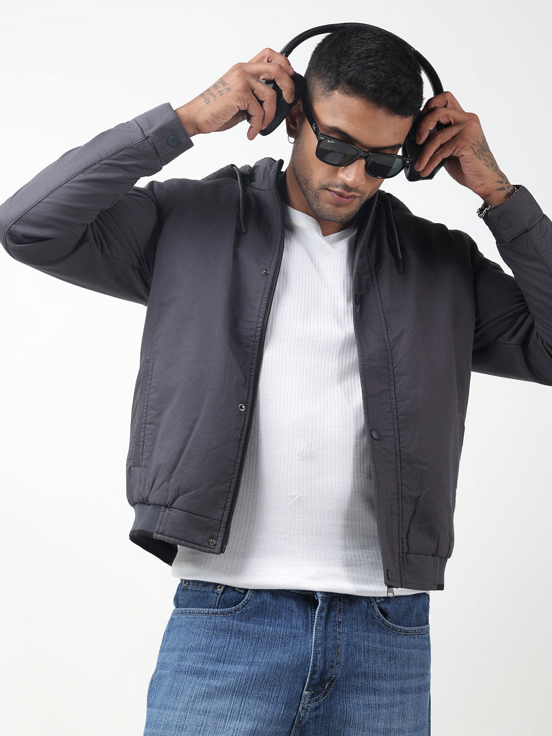 Men's Grey Hooded Bomber Jacket
