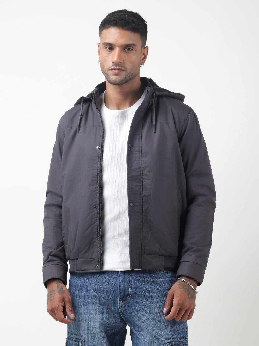 Men's Grey Hooded Bomber Jacket