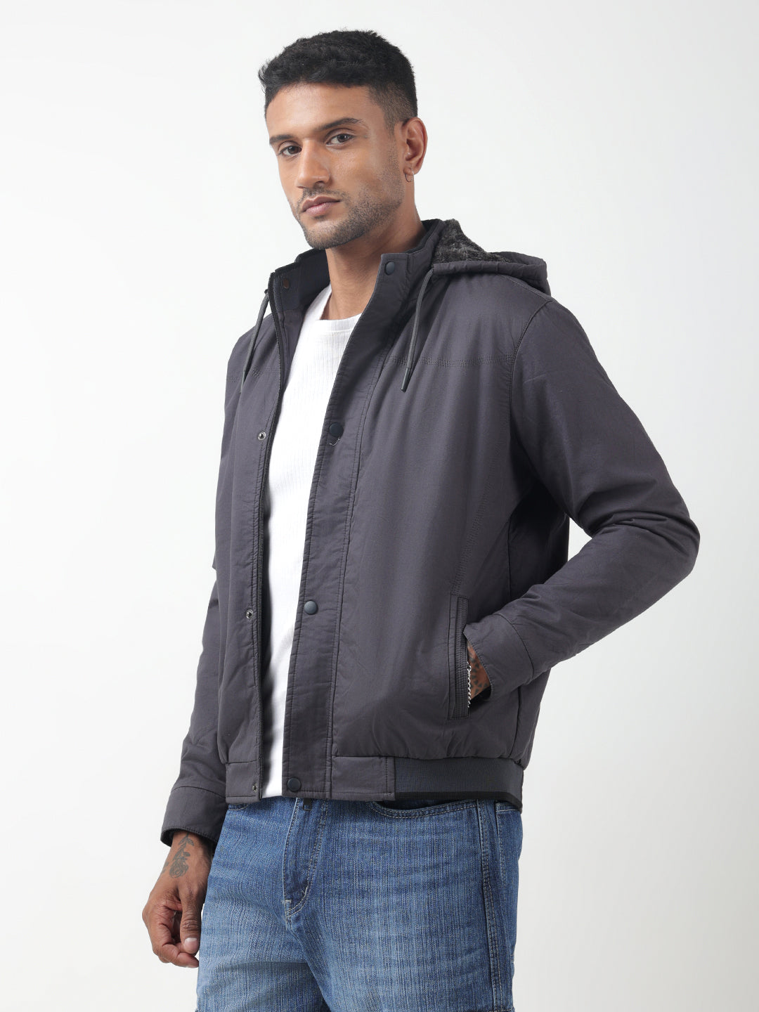 Men's Grey Hooded Bomber Jacket