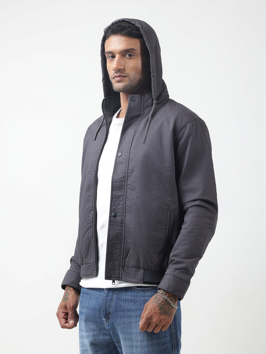Men's Grey Hooded Bomber Jacket