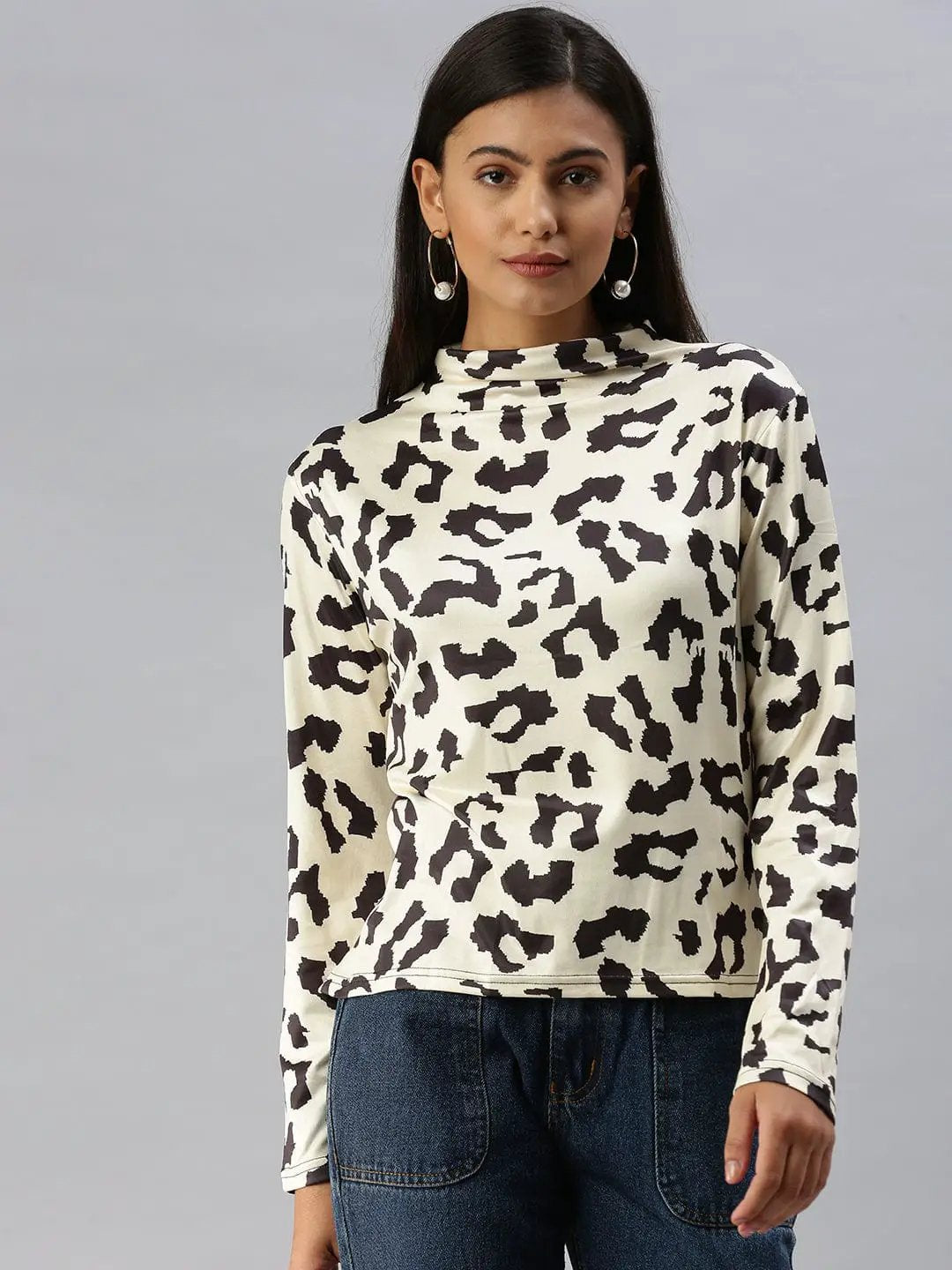 Women's High Neck Printed Champagne Top
