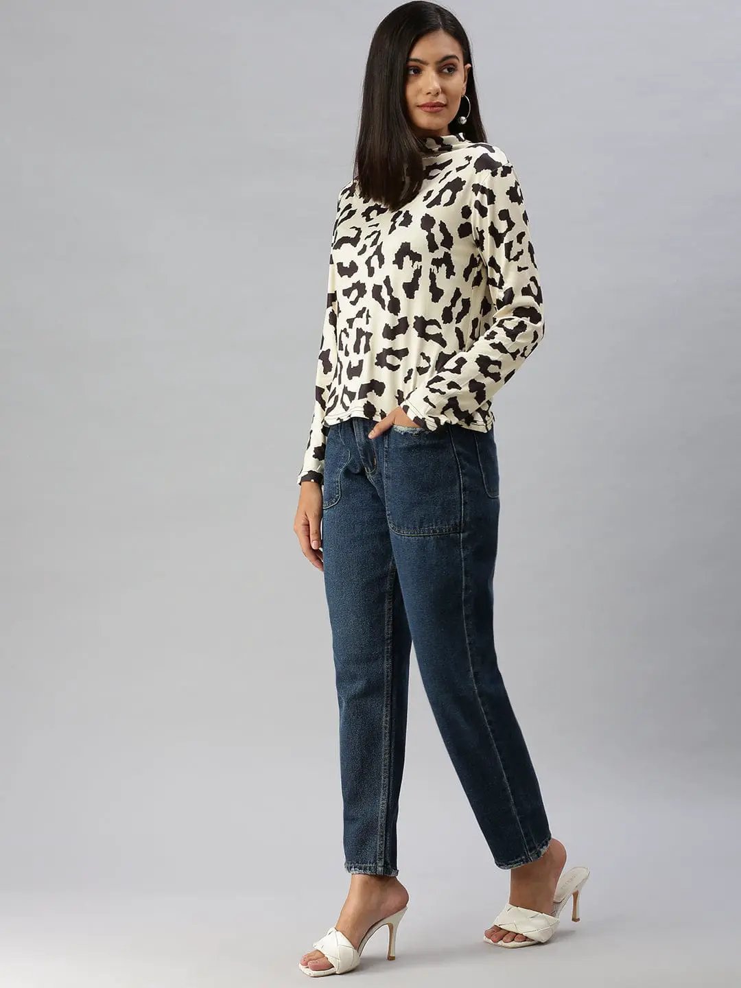 Women's High Neck Printed Champagne Top