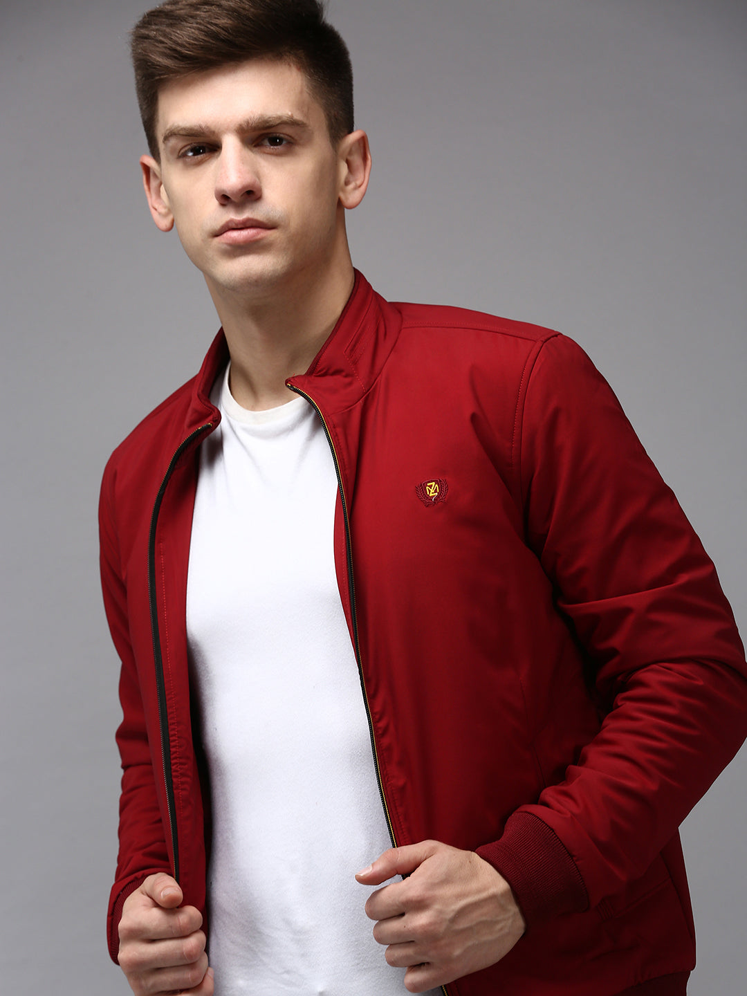 Men Mandarin Collar Solid Maroon Padded Jacket