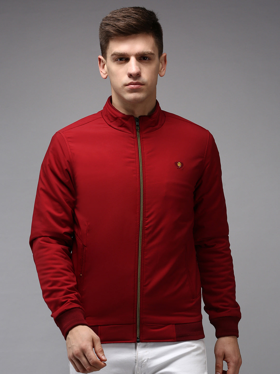 Men Mandarin Collar Solid Maroon Padded Jacket