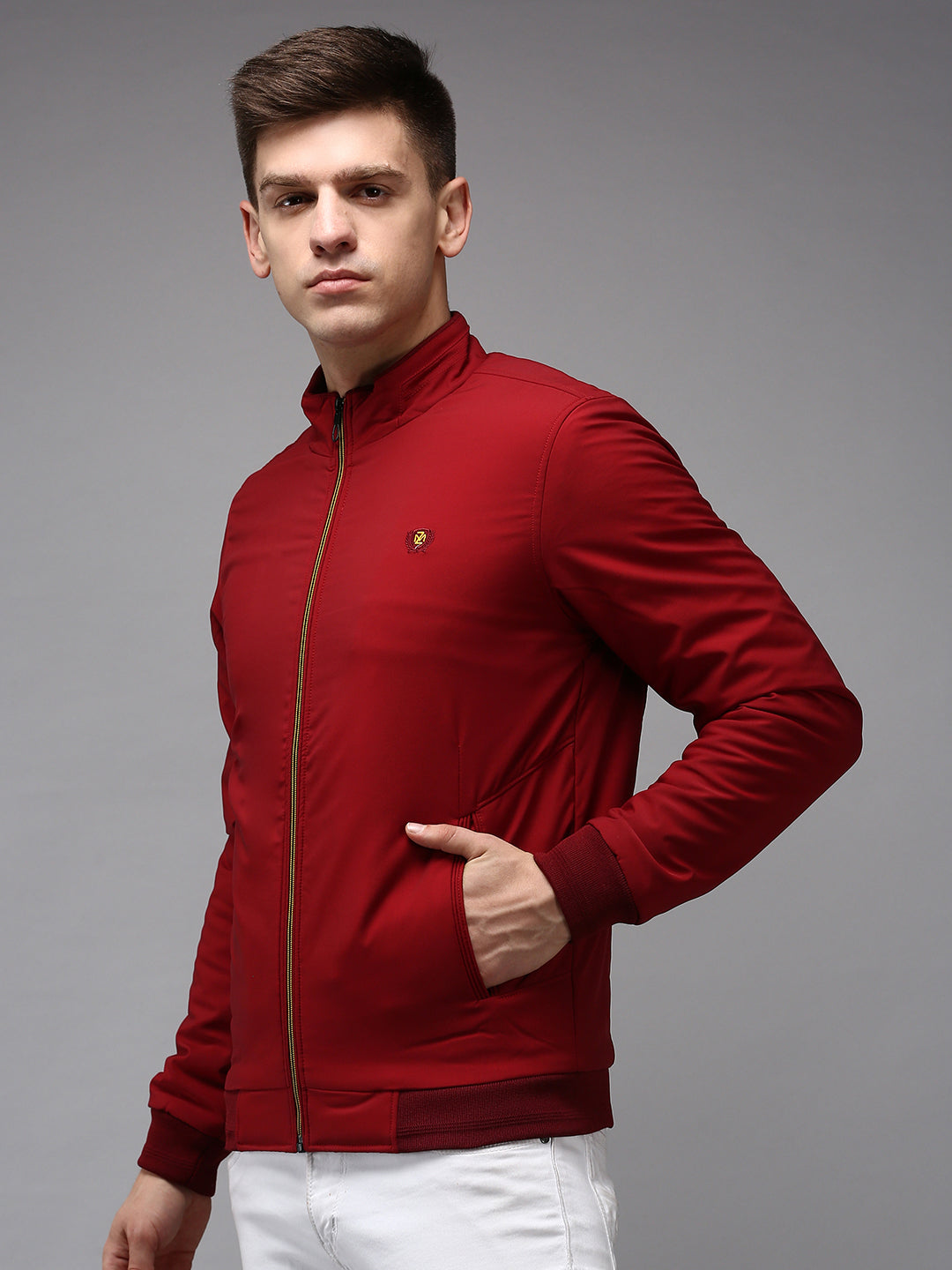 Men Mandarin Collar Solid Maroon Padded Jacket