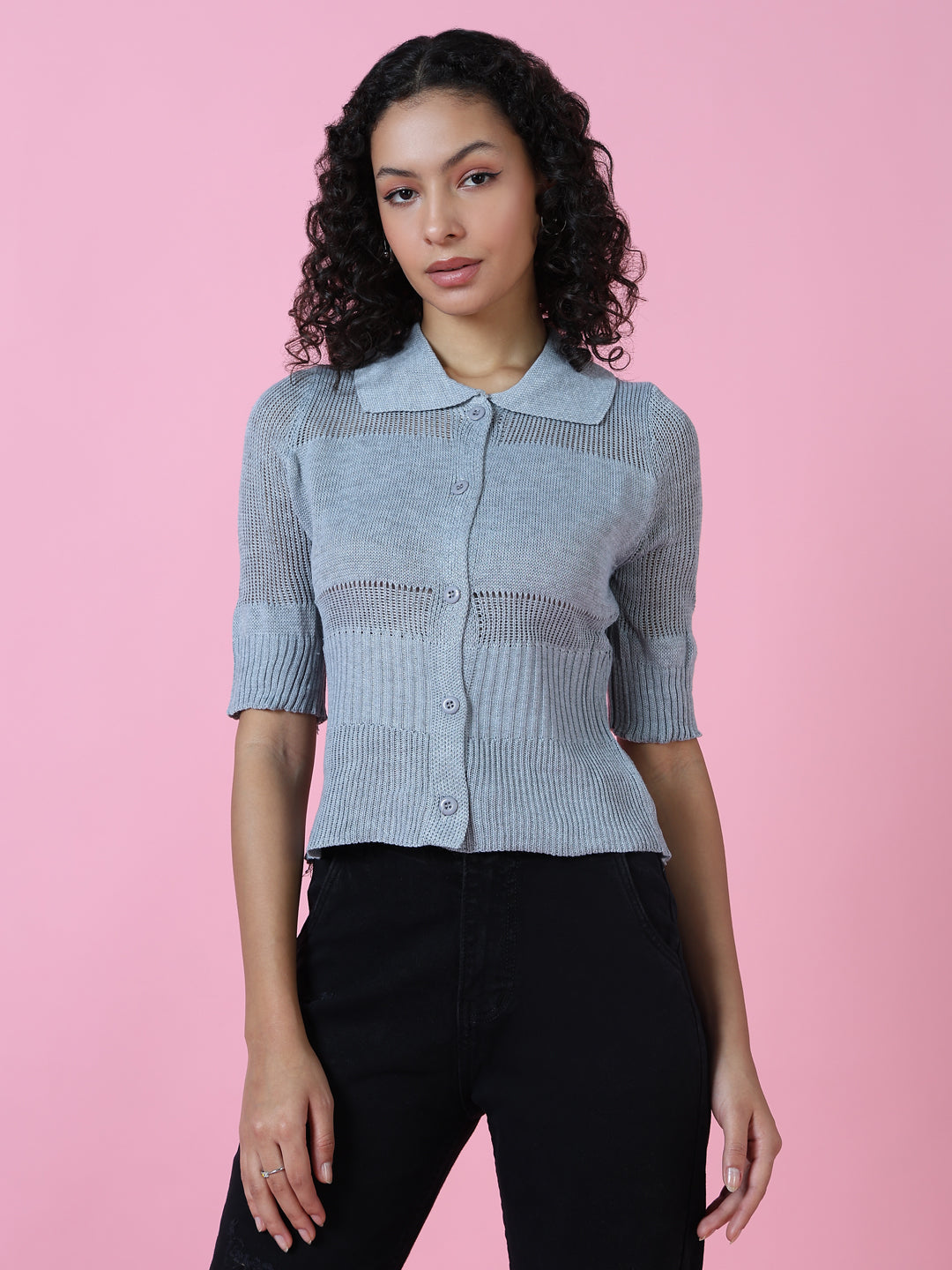 Women Grey Solid Shirt Style Top