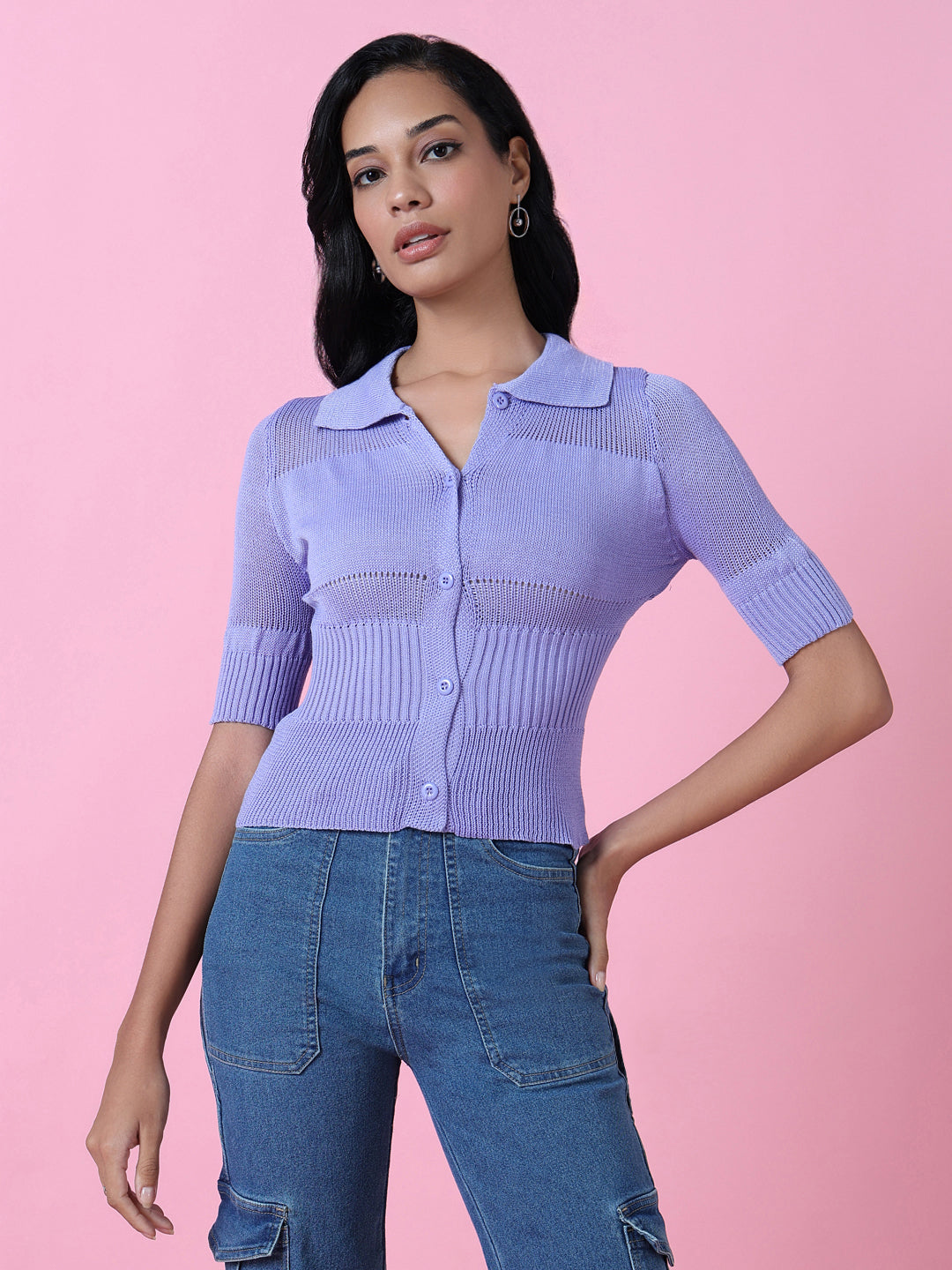 Women Lavender Solid Shirt Style Top