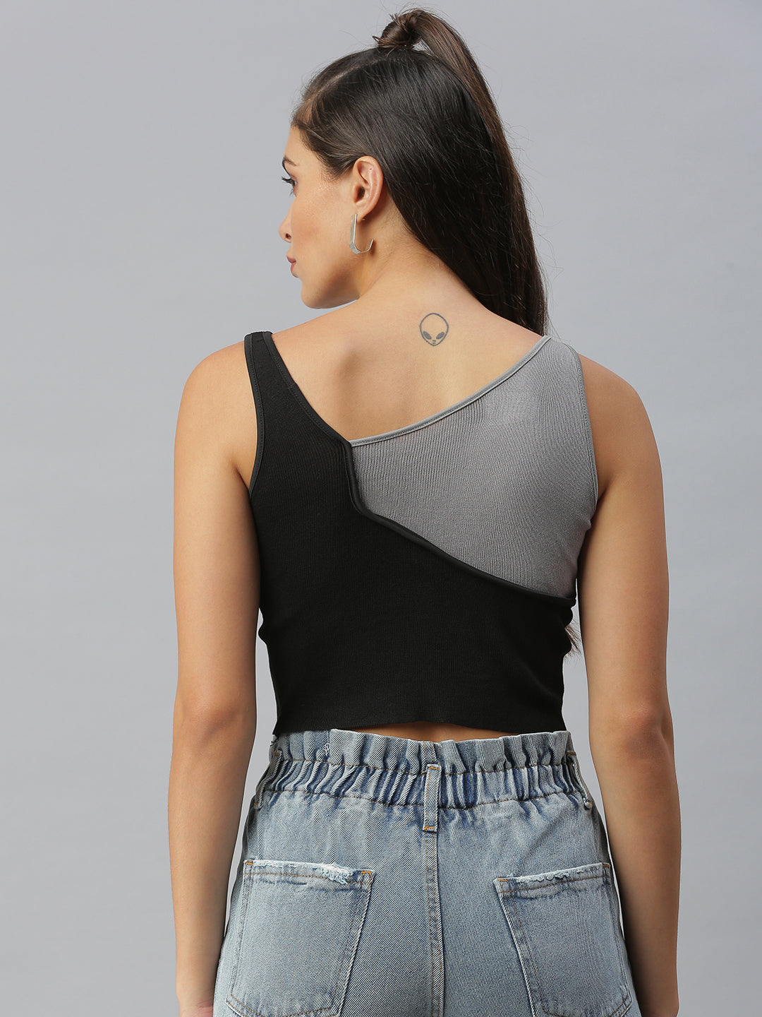 Women Shoulder Straps Solid Black Fitted Top