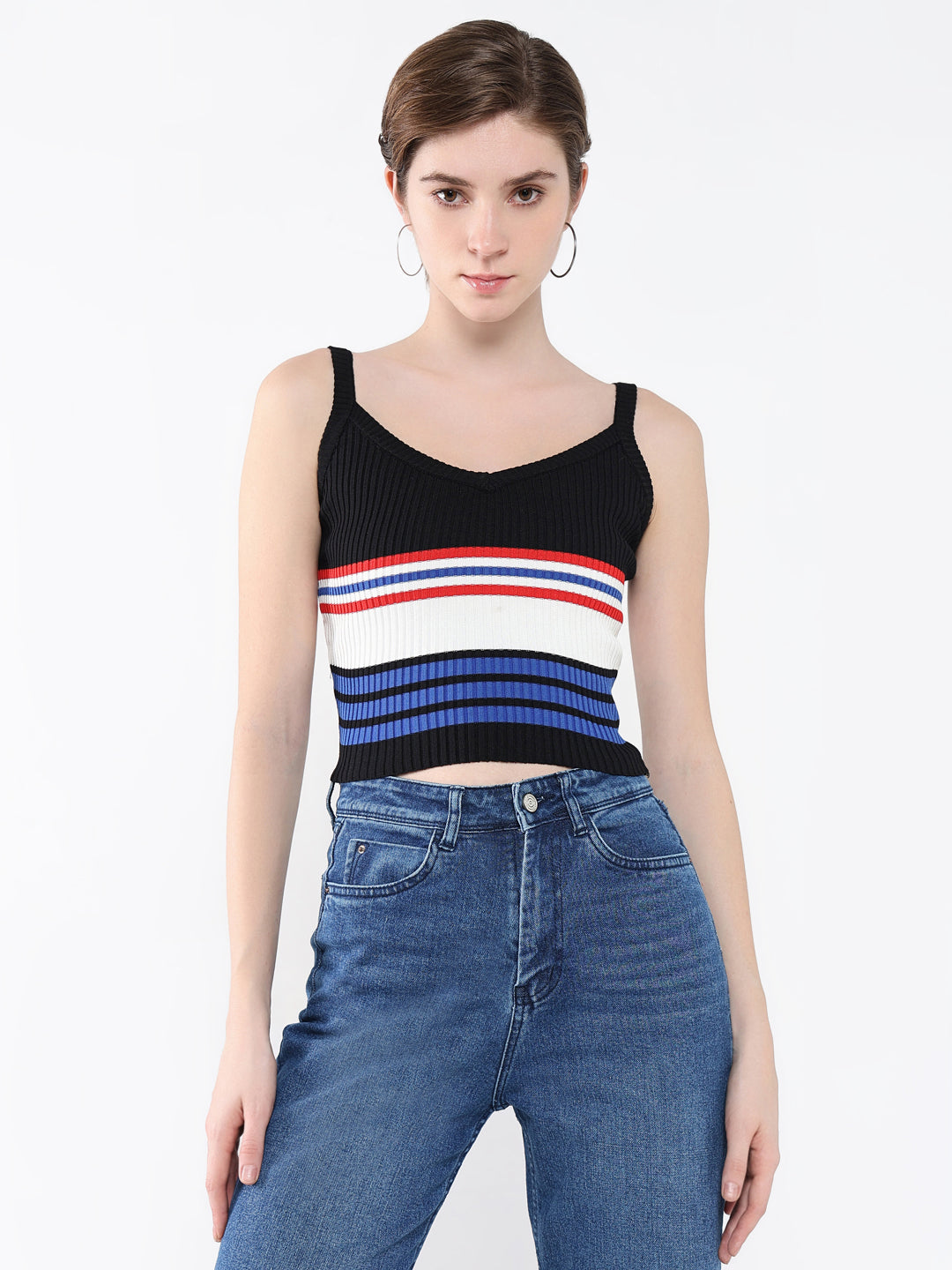 Women Striped Black Fitted Top