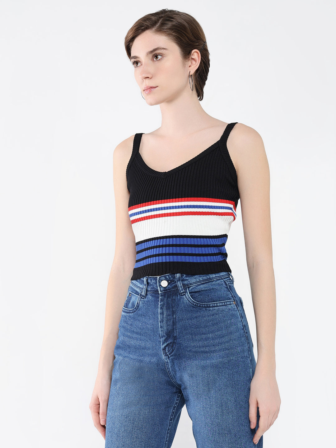 Women Striped Black Fitted Top