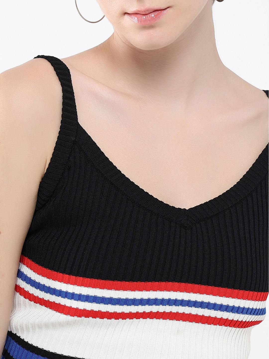 Women Striped Black Fitted Top