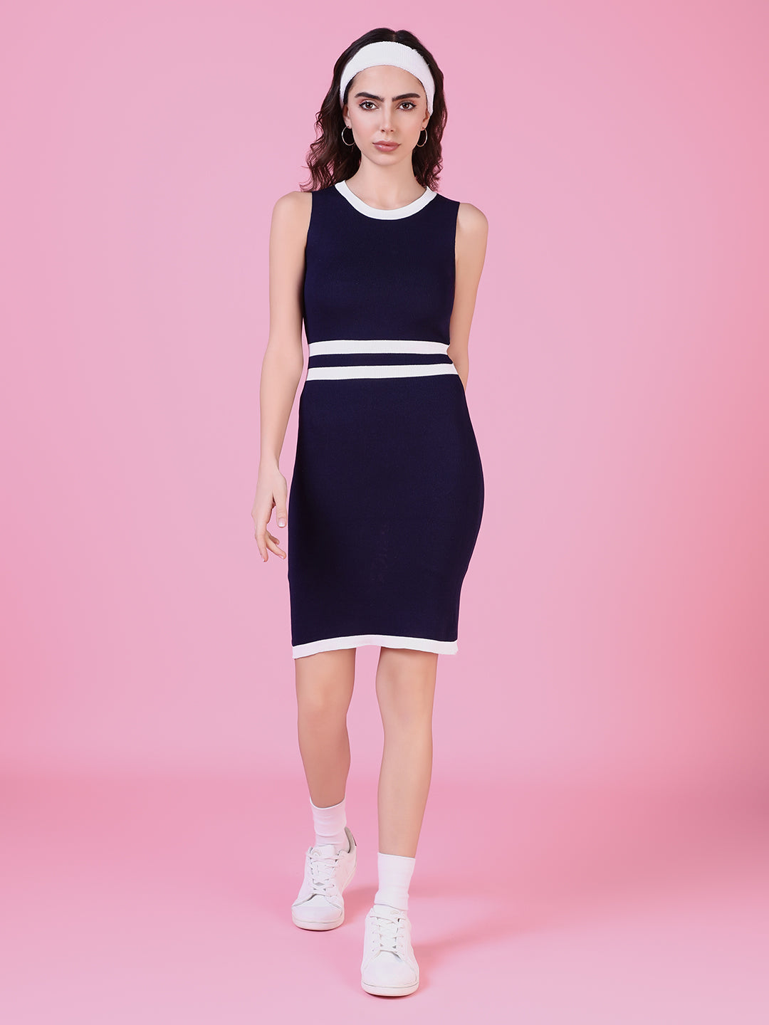 Women Navy Blue Striped Bodycon Dress