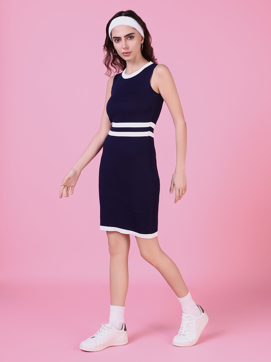 Women Navy Blue Striped Bodycon Dress