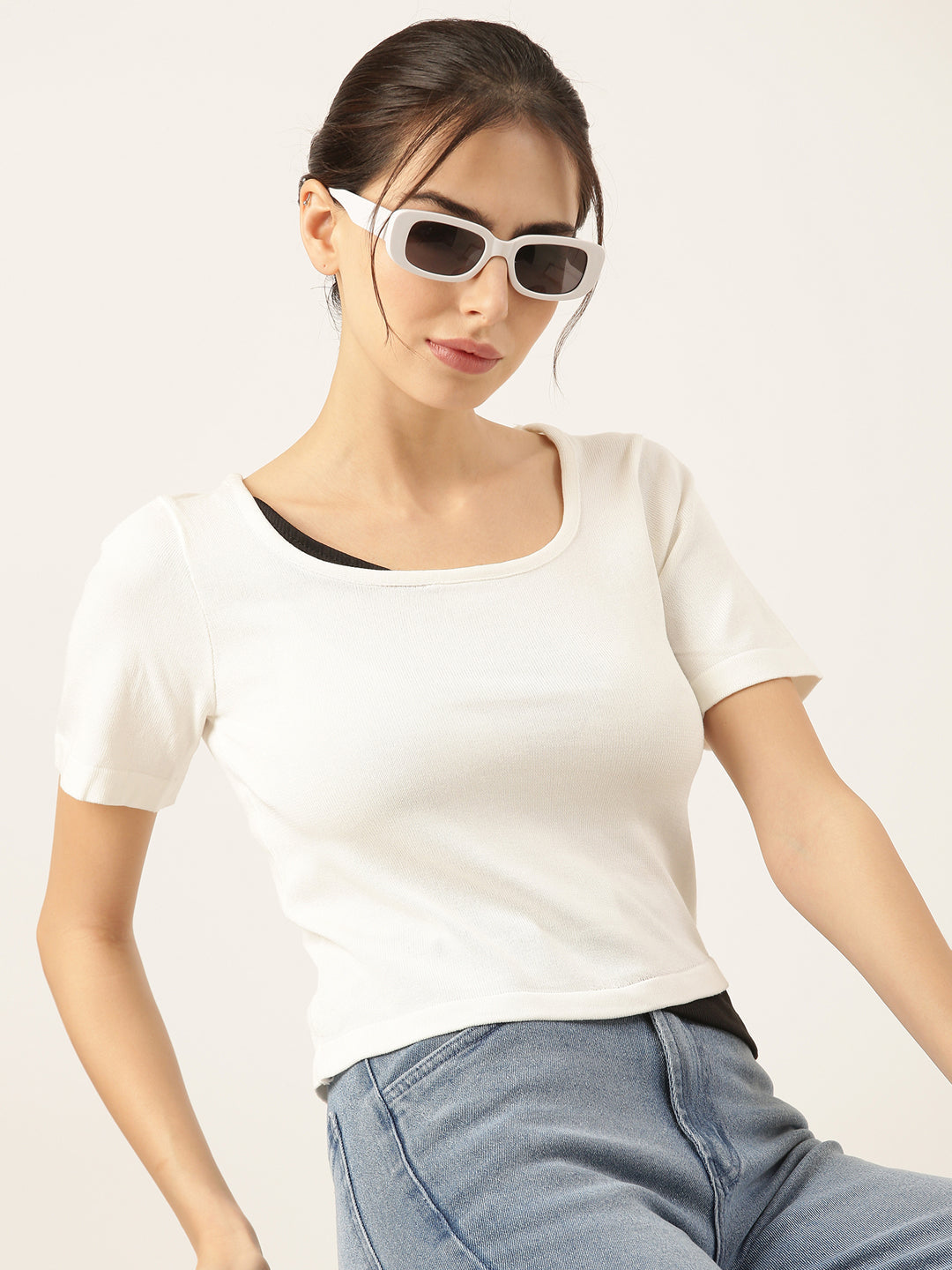 Women Solid White Fitted Top