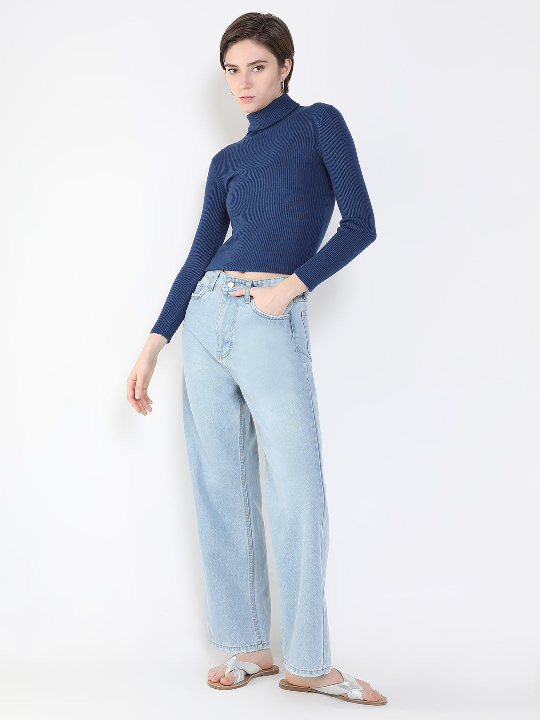 Women's Solid Blue Fitted Top