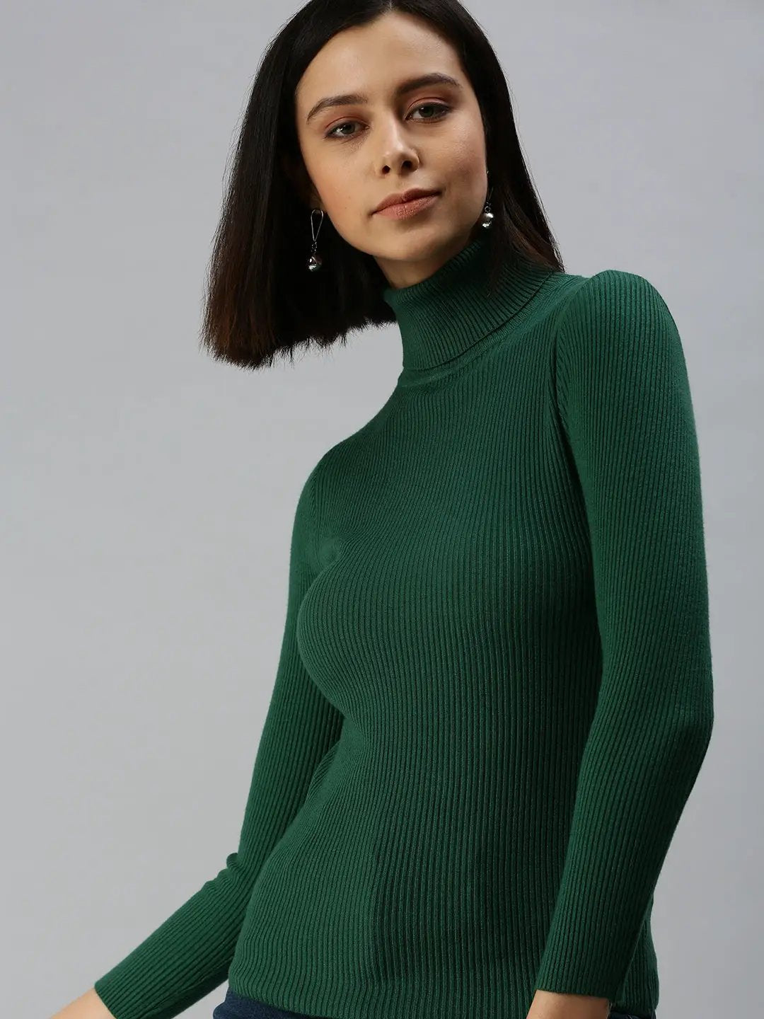 Women's High Neck Solid Green Fitted Top