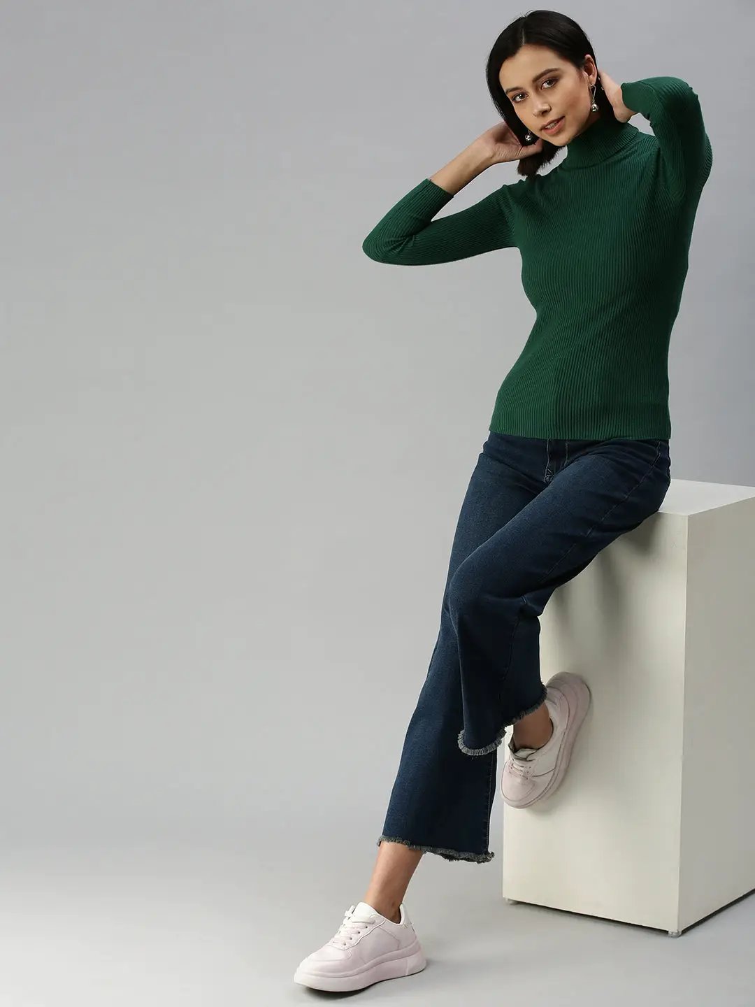 Women's High Neck Solid Green Fitted Top