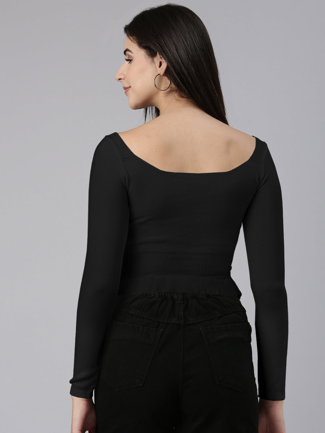 Women's Ribbed Black Long Sleeve Button Front Top with Ruffled Hemline