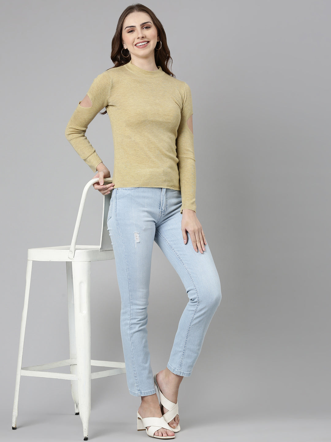 Women High Neck Solid Beige Fitted Top