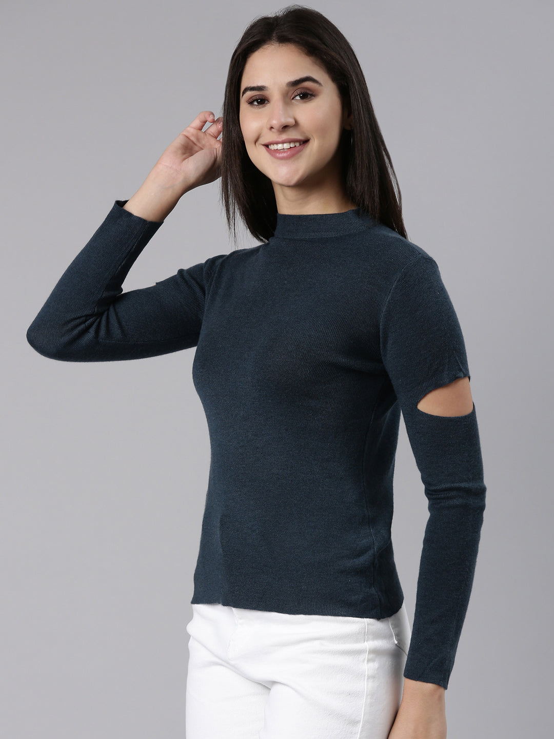 Women High Neck Solid Teal Fitted Top