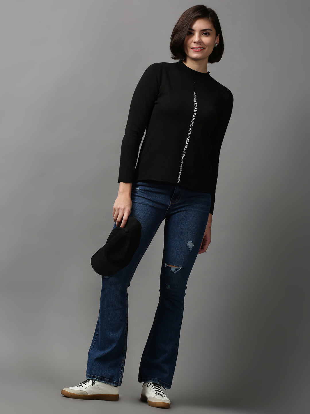 Women Solid Black Sweater