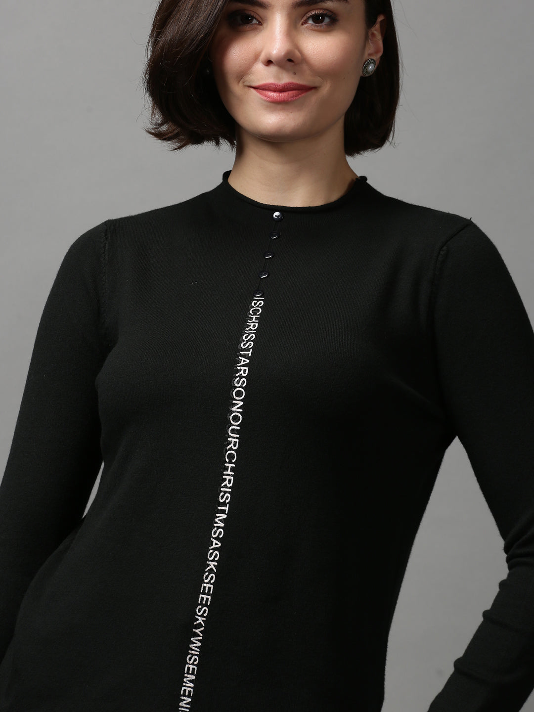 Women Solid Black Sweater