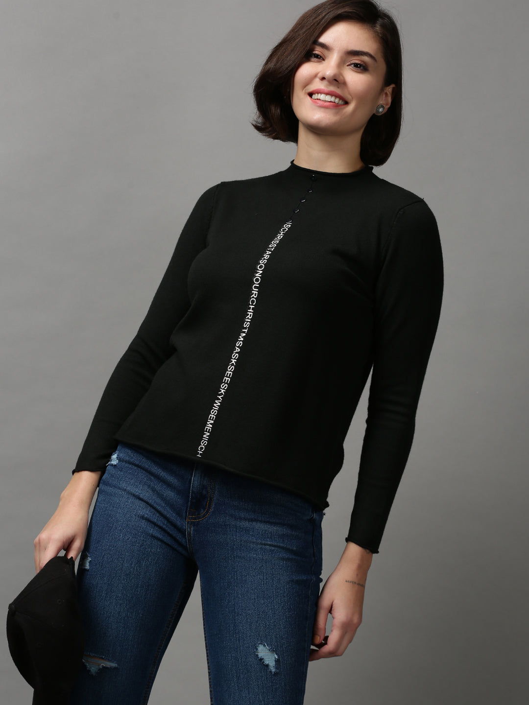 Women Solid Black Sweater