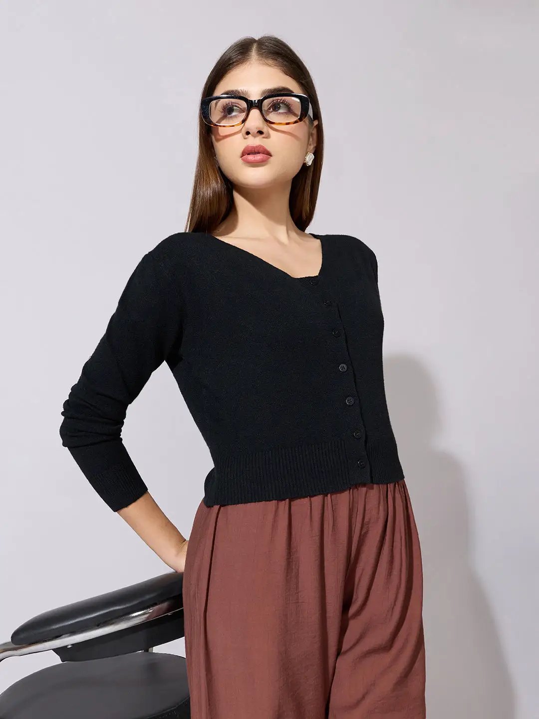 Women's Knit Black Button-Down Top - from SHOWOFFFF