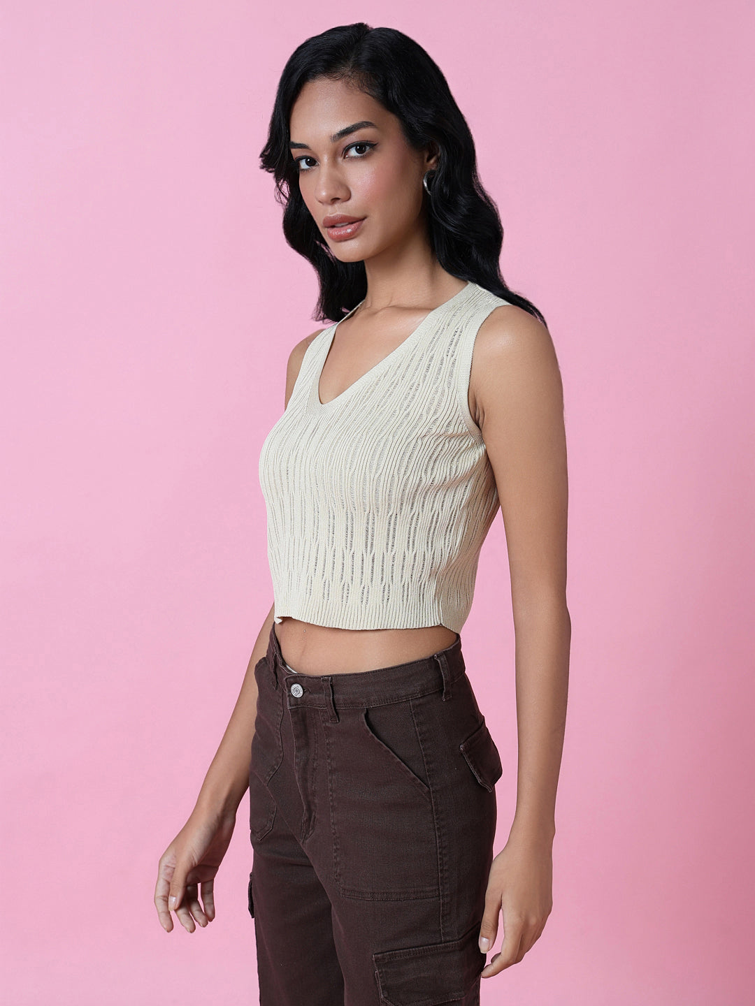 Women Beige Solid Crochet Crop Top